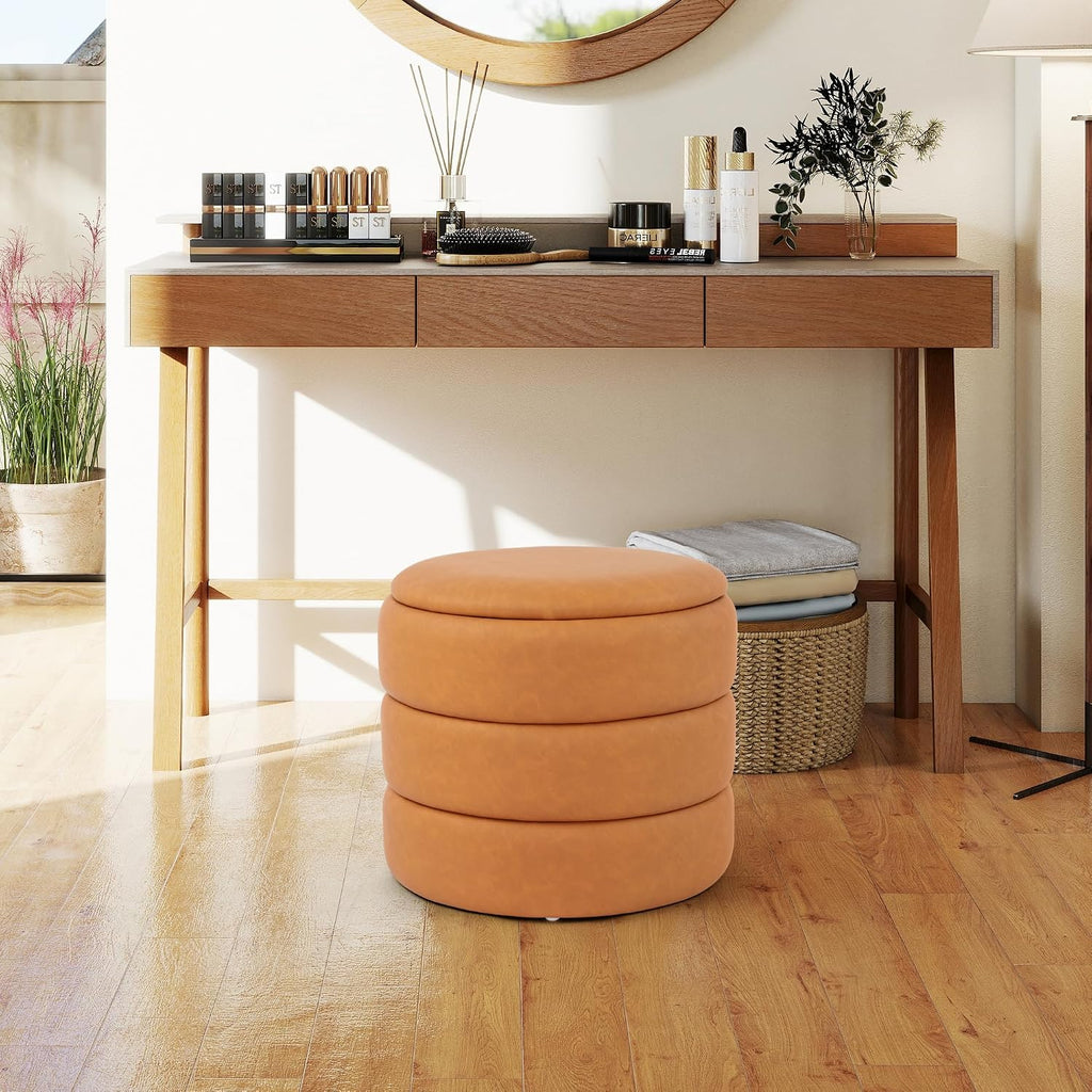DAGONHIL Round Ottoman with Storage, PU Leather Footrest, Hidden Storage Ottoman Stool,Vanity Stool for Bedroom, Living Room, Entryway, Brown