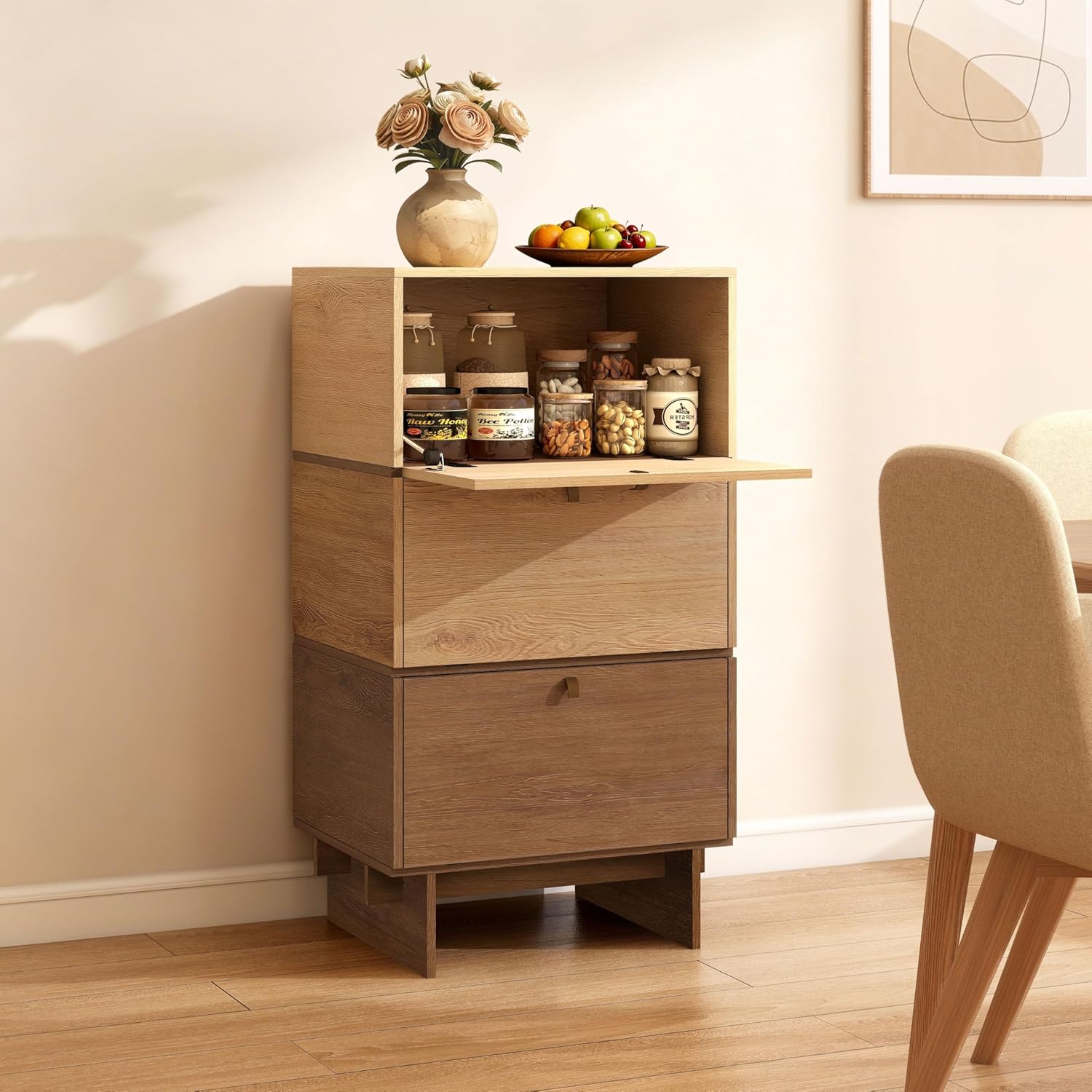 Storage Cabinet, Sideboard Buffet Cabinet with 3 Doors, Side Table with Storage for Kitchen, Living Room, W18.9xD15xH34.8, Oak Trio Color