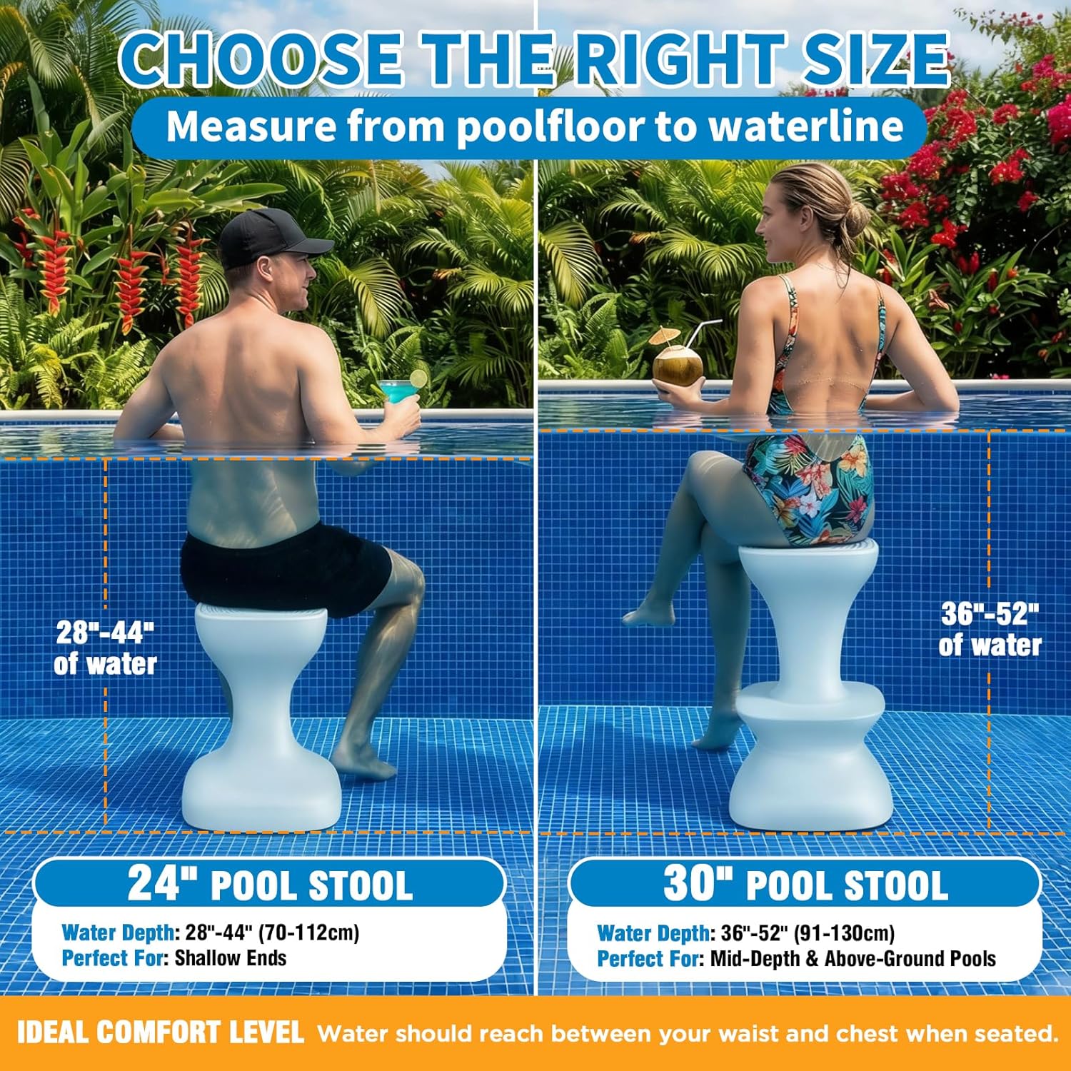 24" Pool stools for Underwater,Pre-Weighted Pool Stools with Foot Rest,Waterproof Patio Furniture with Adjustable Feet for Poolside Seats for Edge,1PC
