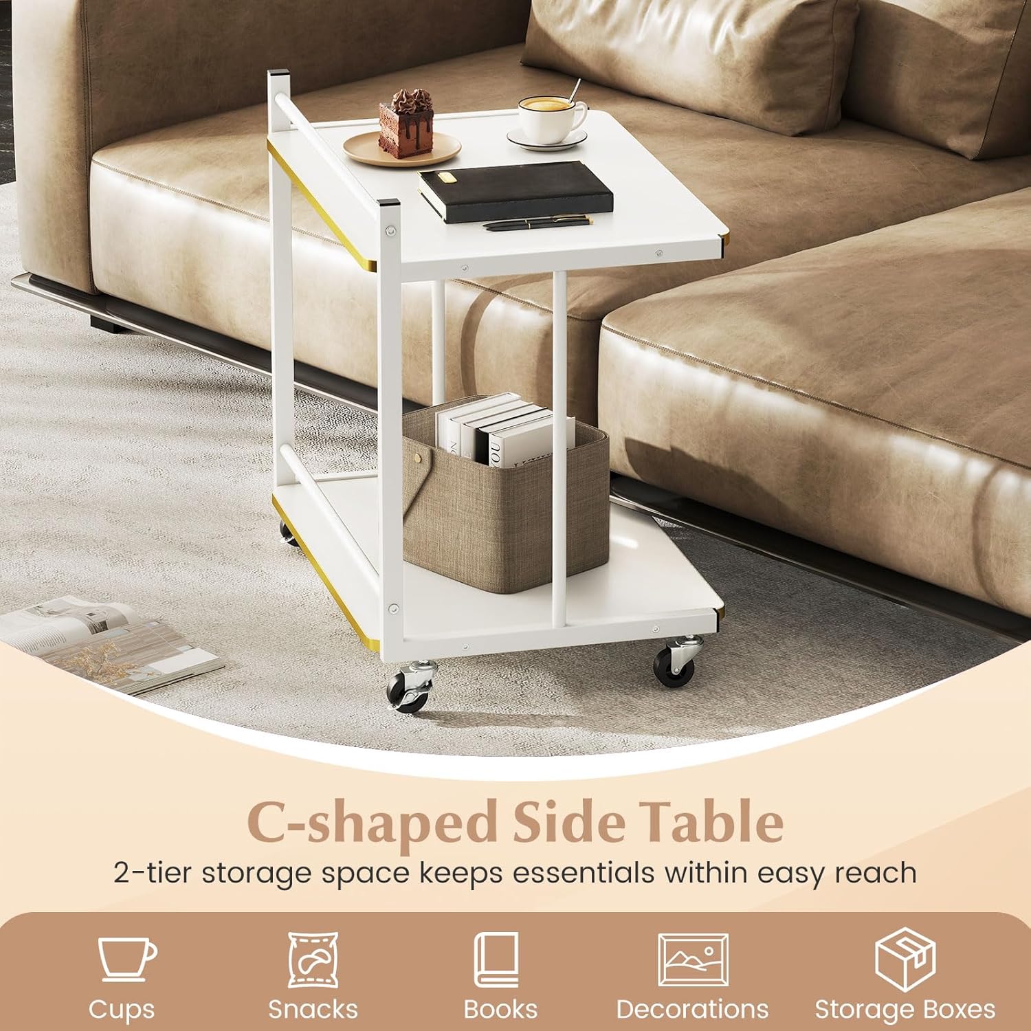 Giantex Mobile C-Shaped End Table - 2-Tier Sofa Couch Bed Side Table w/Open Storage Shelves & Golden Edge Banding for Living Room Bedroom Office, Modern Rolling Desk on Wheels for Laptop Coffee (1)