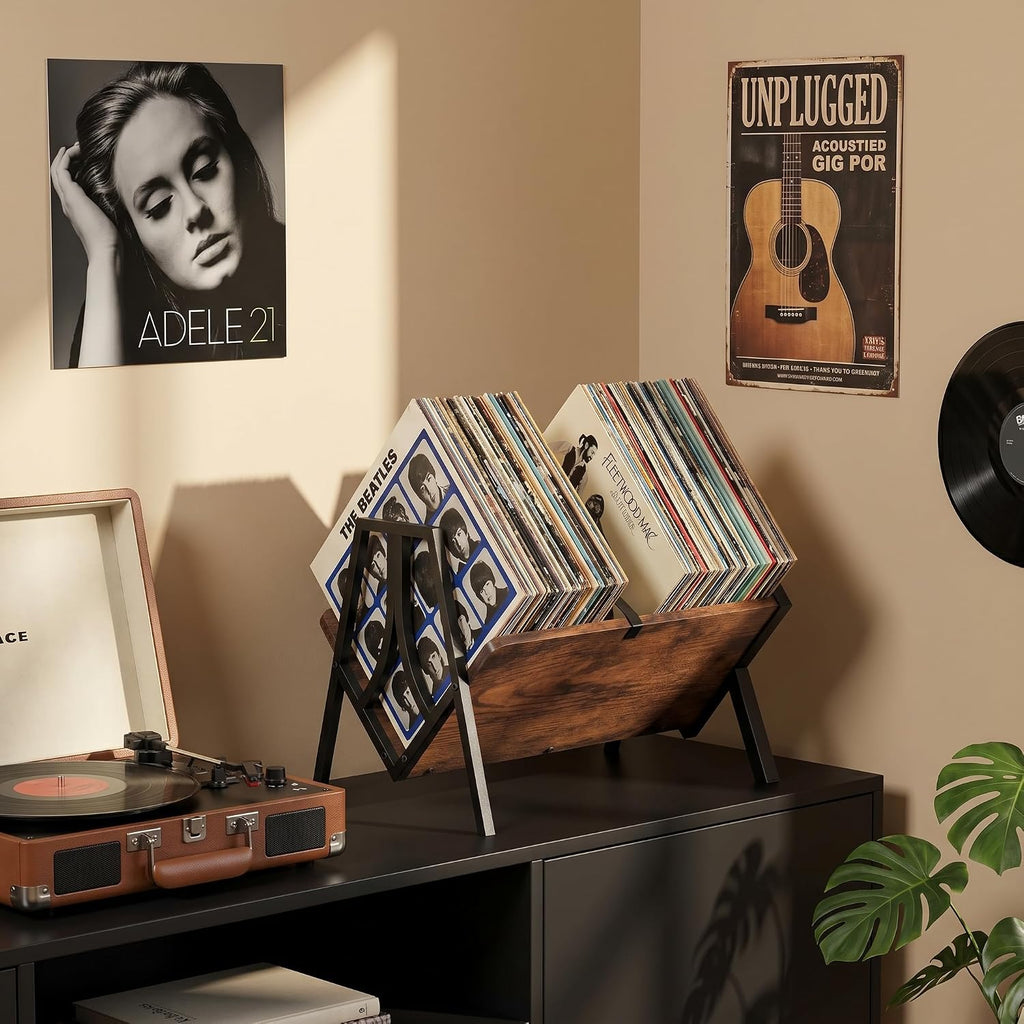 Vinyl Record Storage Rack for 50 LPs, Vinyl Record Album Holder Heavy-Duty Record Storage Shelf with Handles, Record Holder, Multi-Purpose Organizer