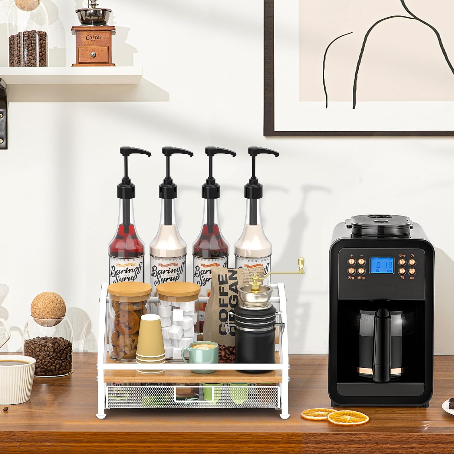 Alyoen Coffee Syrup Organizer Rack, 3-Tier Coffee Station Organizer for Countertop, Coffee Bar Organizer with 35K Cup Storage Basket, Coffee Syrup Holder Stand for Coffee Bar Accessory - White