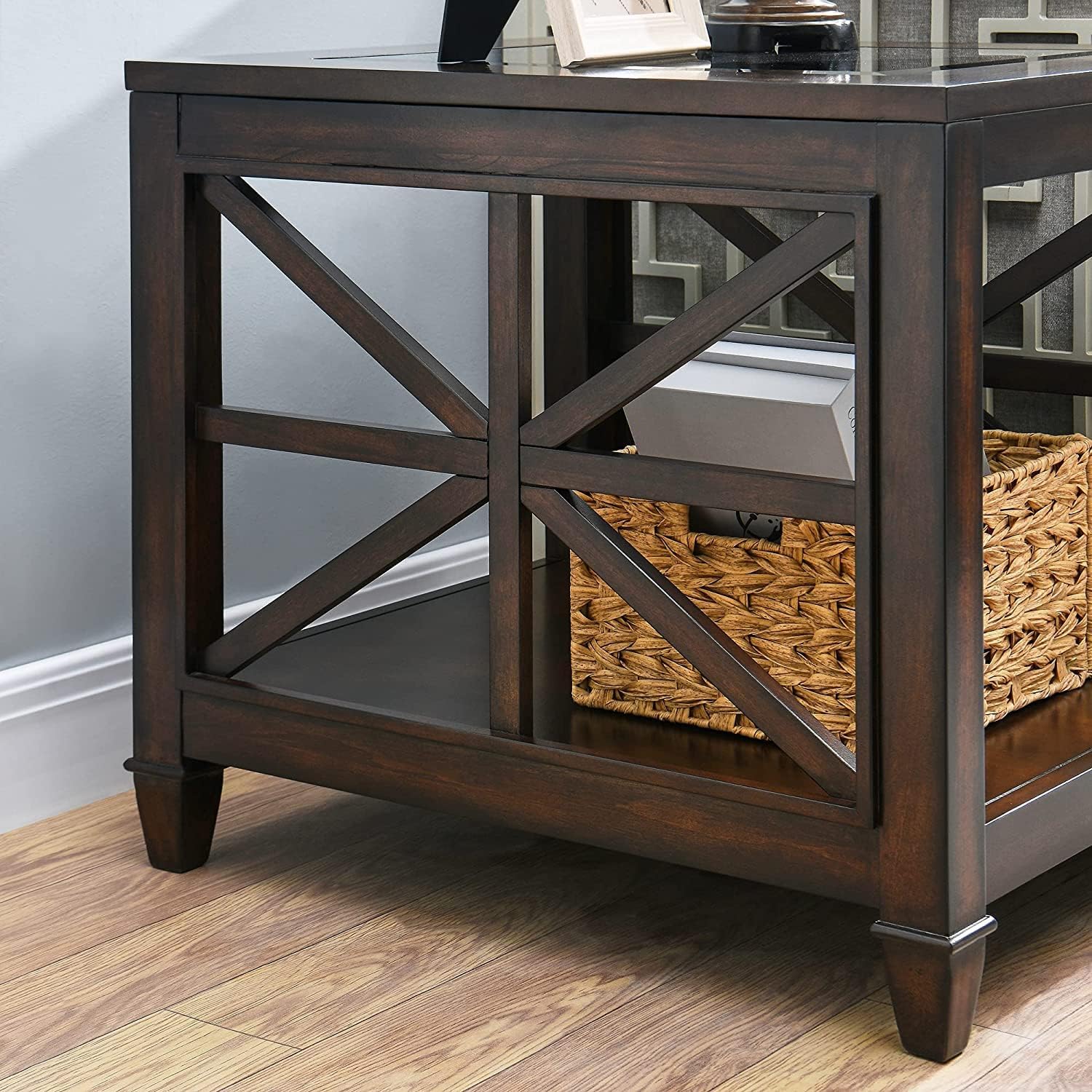 Set of 2 Large Solid Wood End Tables with Tempered Glass Top, 28" x 24" Farmhouse Side Tables, Vintage Walnut for Living Room, Bedroom, Office