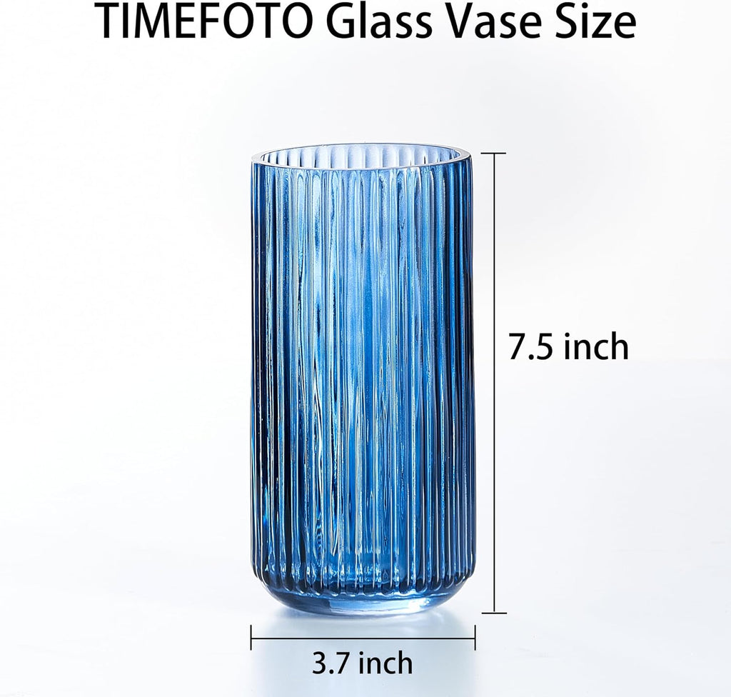 TIMEFOTO 7.5 inch Blue Glass Flower Vase for Pampas Grass, Medium Decorative Centerpiece Ribbed Vase for Dining Table, Office Desktop, Shelf Bookshelf, Mantel, Entryway, Bathroom, Countertop,Gift