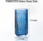 TIMEFOTO 7.5 inch Blue Glass Flower Vase for Pampas Grass, Medium Decorative Centerpiece Ribbed Vase for Dining Table, Office Desktop, Shelf Bookshelf, Mantel, Entryway, Bathroom, Countertop,Gift
