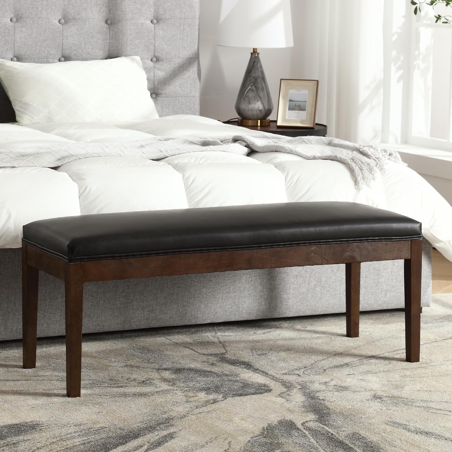 LZAREAL Upholstered Entryway Bench Modern Shoe Benches for Hallway Porch Bedroom Bench for End of Bed Dining Bench for Dining Table Dining Room Kitchen Window with Wood Legs, PU Leather, Black