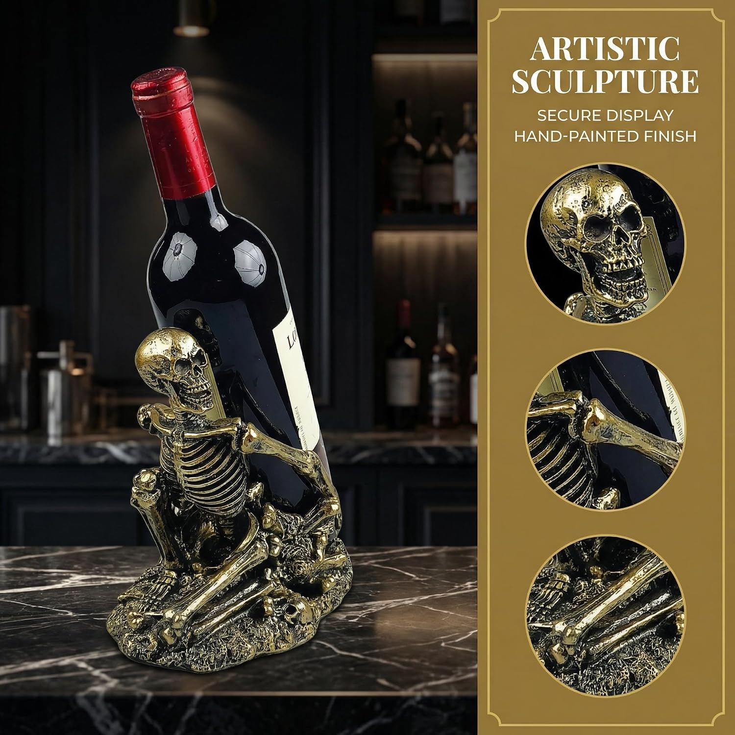 Gothic Skull Decorated Wine Bottle Rack, Halloween countertop Small Wine Rack, Room Emotional Decoration (Bronze)