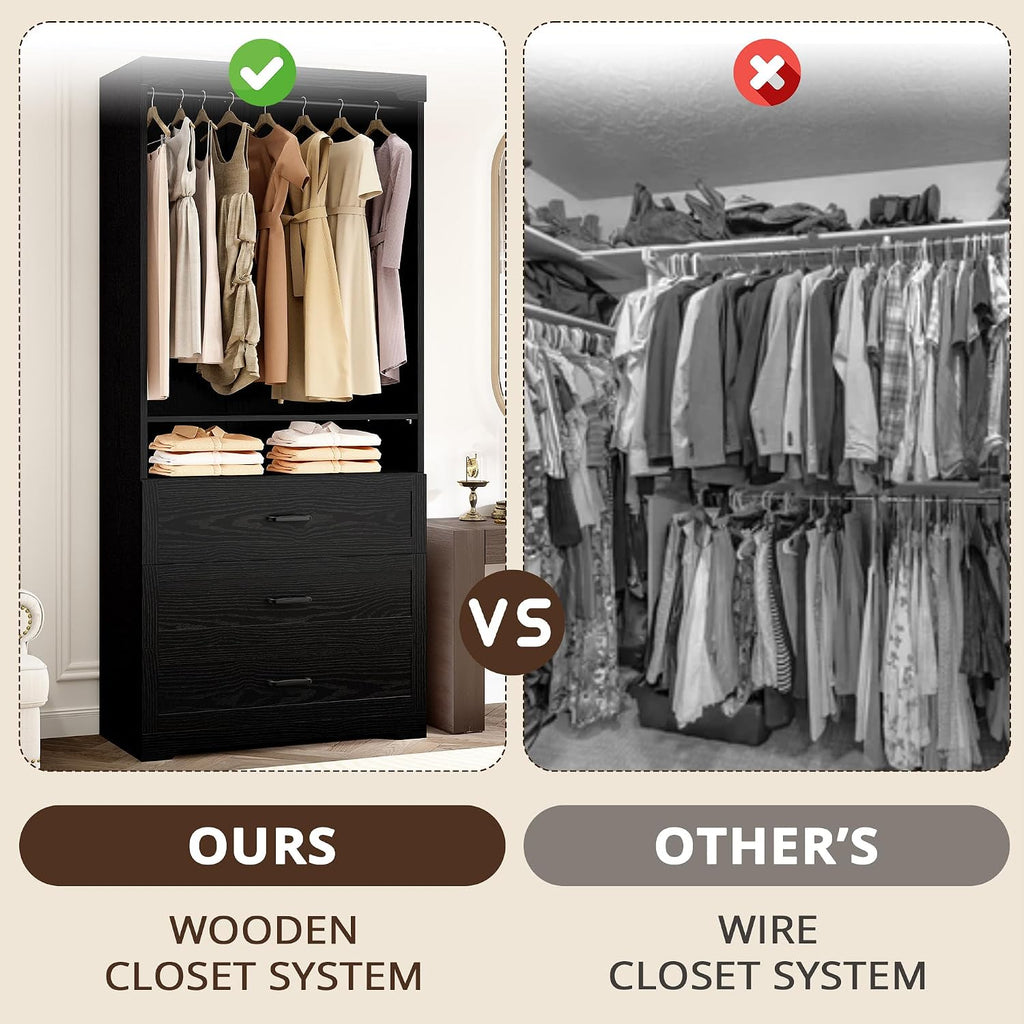 IRONCK Freestanding Closet System with Adjustable Shelves & 3 Drawers | Modern armoire wardrobe with adjustable shelves & hanging rod, walk-in closet organizer for small spaces, space-saving design