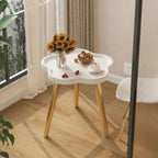 danpinera Round Side Table, Metal Legged Accent Table with Wooden Tray, Flower Tray Small Round End Table for Living Room, Bedroom, Nursery White & Gold