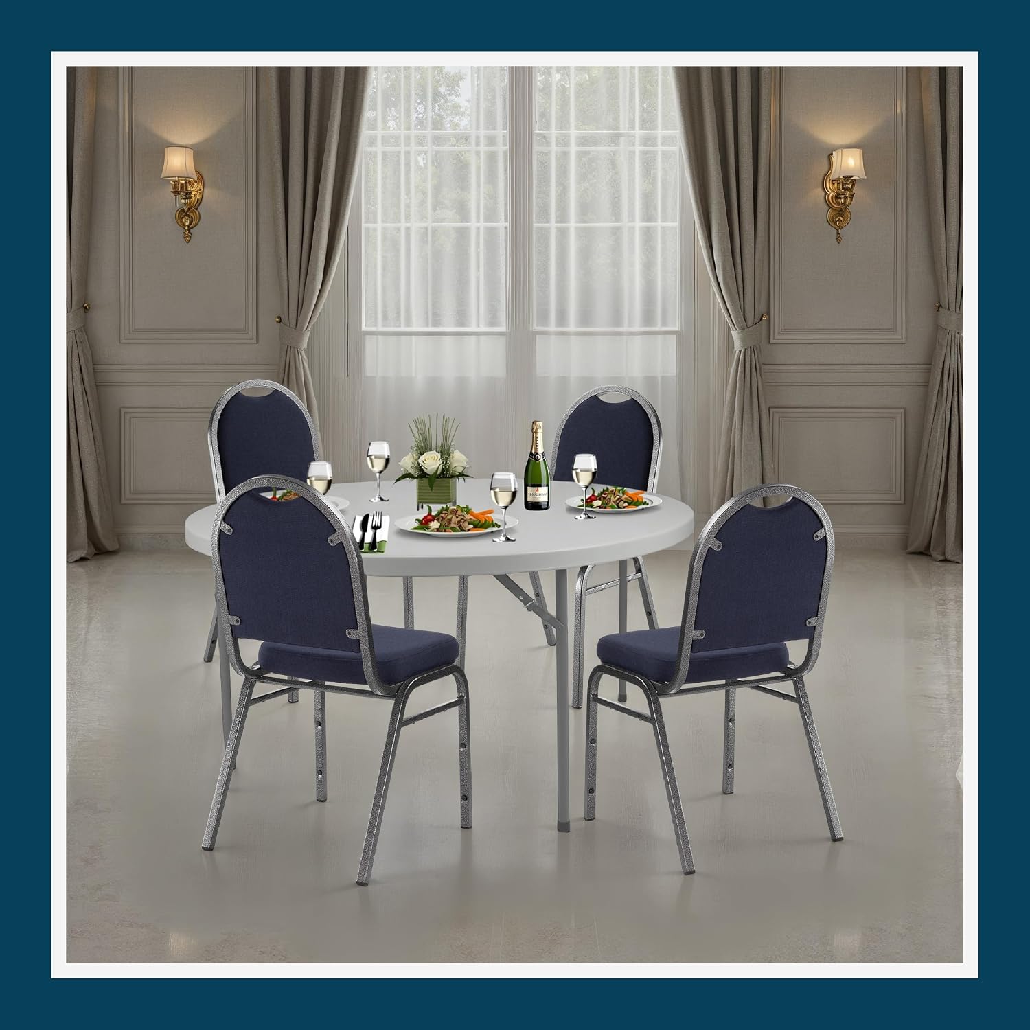 OEF Furnishings OEF9254-SV/2 Commercial-Grade Dome Back Banquet Stack Chair (Blue Fabric, Silver Powder-Coated Frame, 2-Pack)