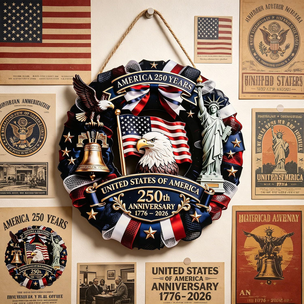 Spiritlele 250th Anniversary USA Door Sign Patriotic Wreath 4th of July Hanging Plaque 250 Years Indoor Decoration for Front Door Home Office Celebration Gift