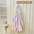 MEGO Kids Fluffy Faux Rabbit Fur Bean Bag Chair Cover(No Filler), Tie Dye Shaggy Striped Stuffed Animal Storage Bean Bag for Plush Toys, Fuzzy Ribbed Beanbag Cover Kids Girls Teens, Anti-slip, Rainbow