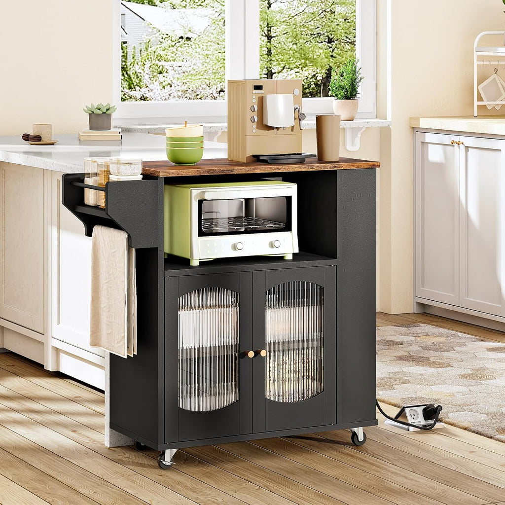 HOOBRO Kitchen Island with Power Outlet, Rolling Kitchen Island with Glass Doors and Open Storage Shelf, Island Table with Spice Rack, Towel Rack for Kitchen, Rustic Brown and Black BF53UZD01