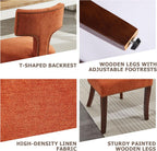 Mid Century Modern Farmhouse Dining Chairs Set of 4, Linen Upholstered with Curved Backrest & Copper Nail Trim, Hardwood Frame, Orange