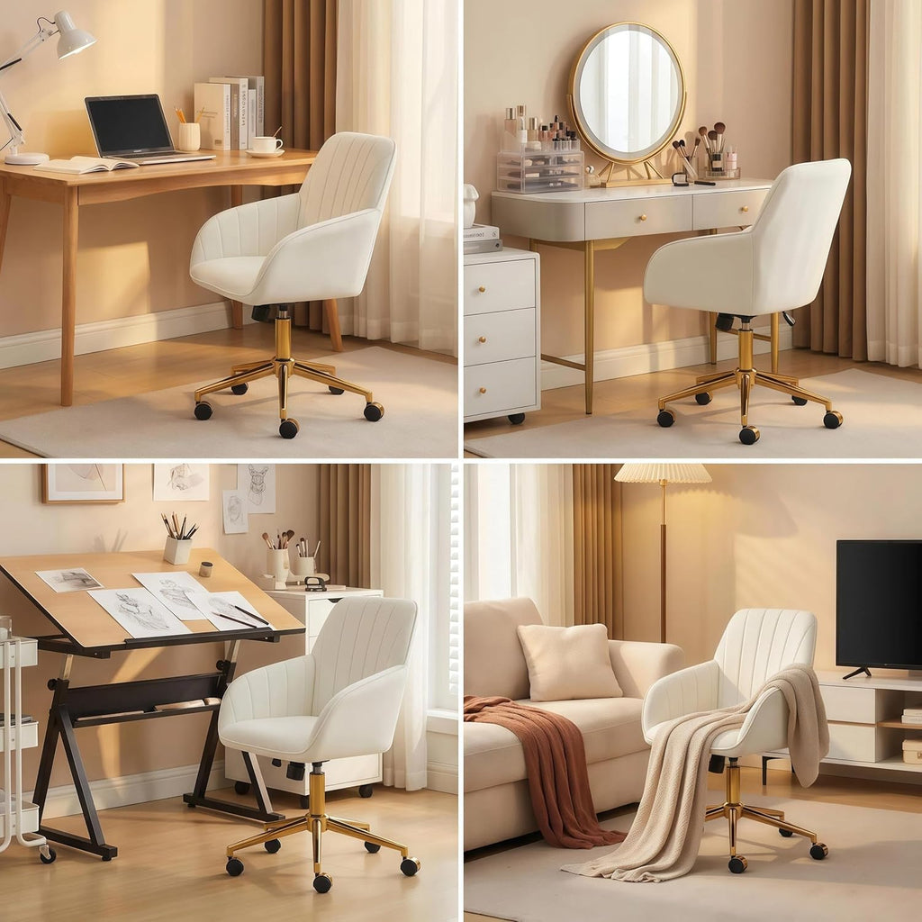 YISHENG Velvet Home Office Chair with Gold Base Upholstered Tufted Modern Height Adjustable 360 Degree Swivel Desk Chair with Wheels, Vanity Chairs for Living Room, Bedroom,Study Room (Cream)