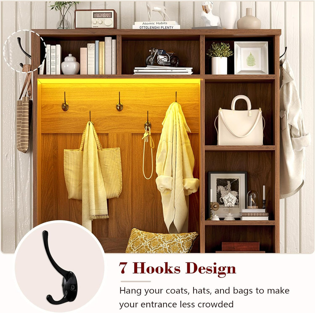 Hall Tree with Bench and Shoe Storage, Rattn Entryway Bench with Coat Rack | 39.4 inch Hall Tree with LED Lights & 6 Storage Cubbies, 7 Coat Hooks, 5-in-1 Shoe Cabinet with Rattan Doors for Small Space