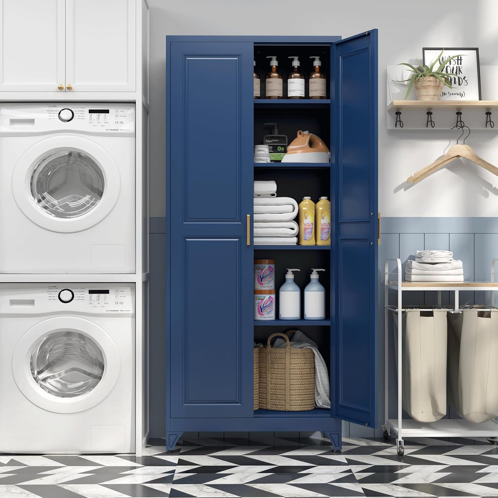 SteeLoong Kitchen Pantry Cabinet,75”Blue Metal Storage Cabinets with Doors and 4 Adjustable Shelves,Kitchen Cabinet with 2 Gold Handles,Tall Cabinet for Livingroom,Pantry, Bathroom