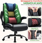 500lbs Big and Tall Office Chair with Inflatable Lumbar Support, Rubber Wheels Executive Chair with Rocking Function, High Back Wide Cushion Leather Ergonomic Computer Desk Chair for All-Day Sitting
