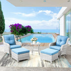 Wicker Outdoor Ottomans Set of 2 - Handwoven Rattan Outdoor Footrests for Patio, All Weather Footstools with Removable Cushions for Porch, Balcony, Deck & Garden - Light Gray/Baby Blue