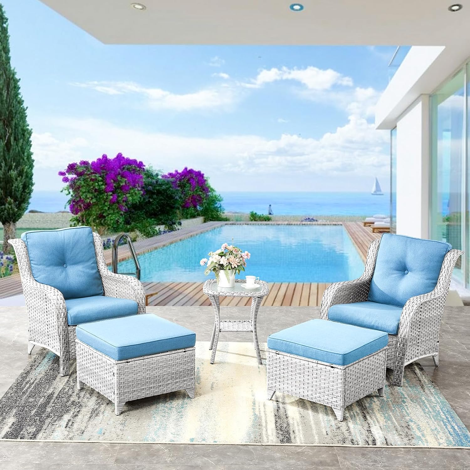 Wicker Outdoor Ottomans Set of 2 - Handwoven Rattan Outdoor Footrests for Patio, All Weather Footstools with Removable Cushions for Porch, Balcony, Deck & Garden - Light Gray/Baby Blue