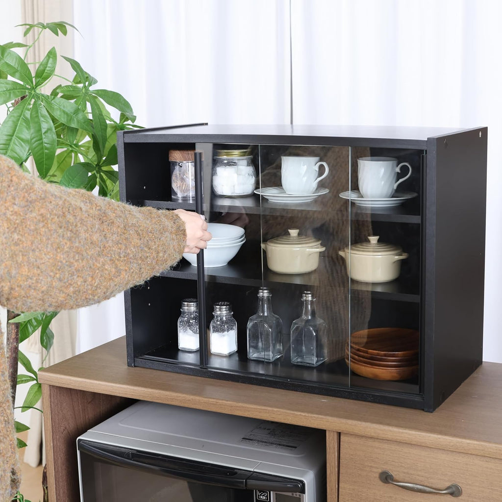 不二貿易(Fujiboeki) Fuji Boeki 99699 Cupboard, Kitchen Storage, Width 23.6 x Depth 11.4 x Height 17.3 inches (60 x 29 x 44 cm), Black Glass Door, Movable Shelf, Assembly