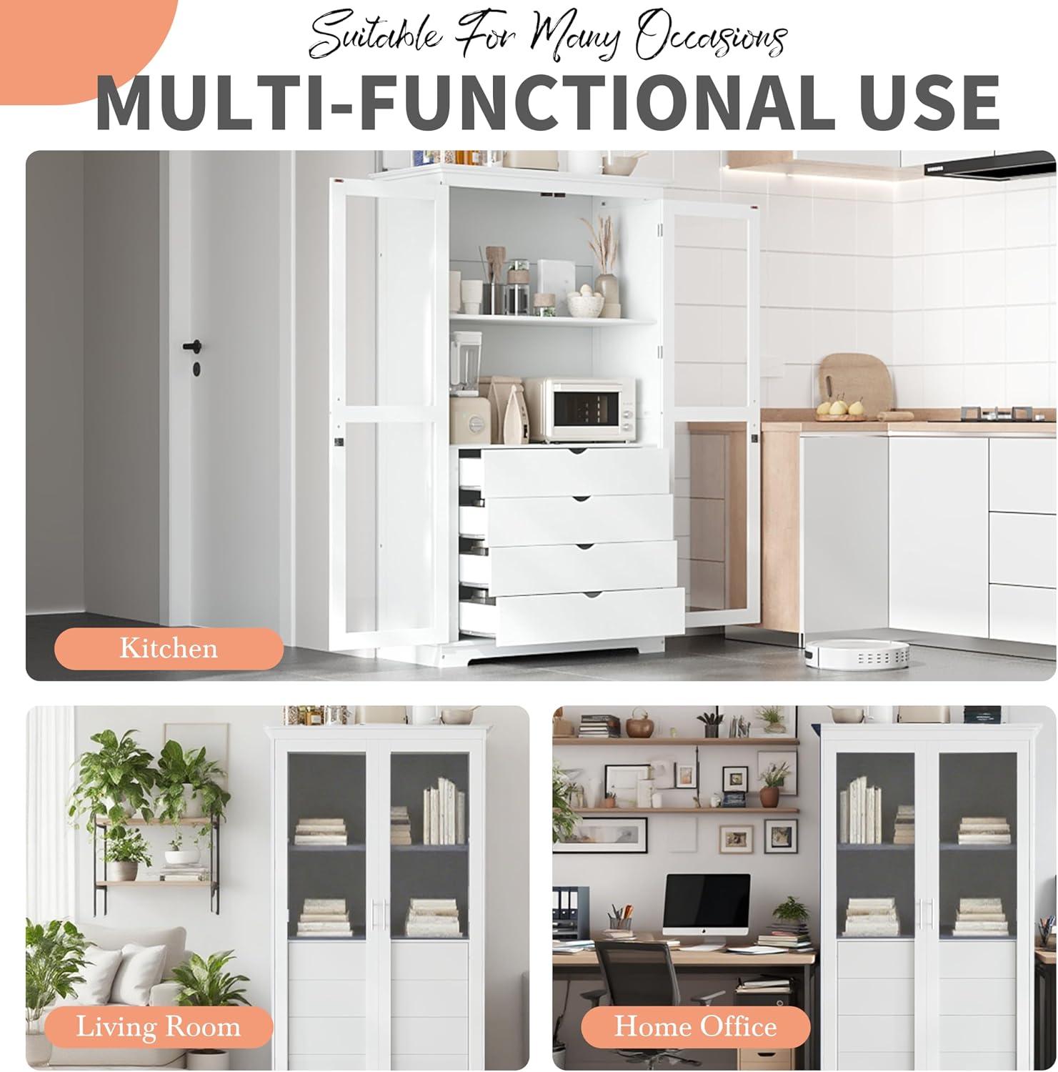 Merax 75" Tall Pantry Cabinet, Kitchen Pantry Storage Cabinets with Glass Door, 2 Shelves and 4 Built-in Drawers, Freestanding Cupboard for Kitchen, Dining Room, Living Room and Bathroom, White