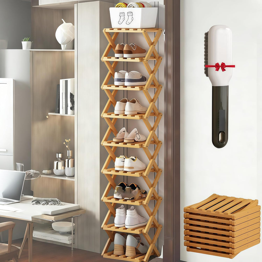 2026 New The 9-Tier No-Assembly Bamboo Rack for Shoes, Foldable 6/7/9 Tier Bamboo Shoe Rack, The End of Your Entryway/Closet/Dorm Shoe Pile, Space-Saving (Nature 9 Layers)