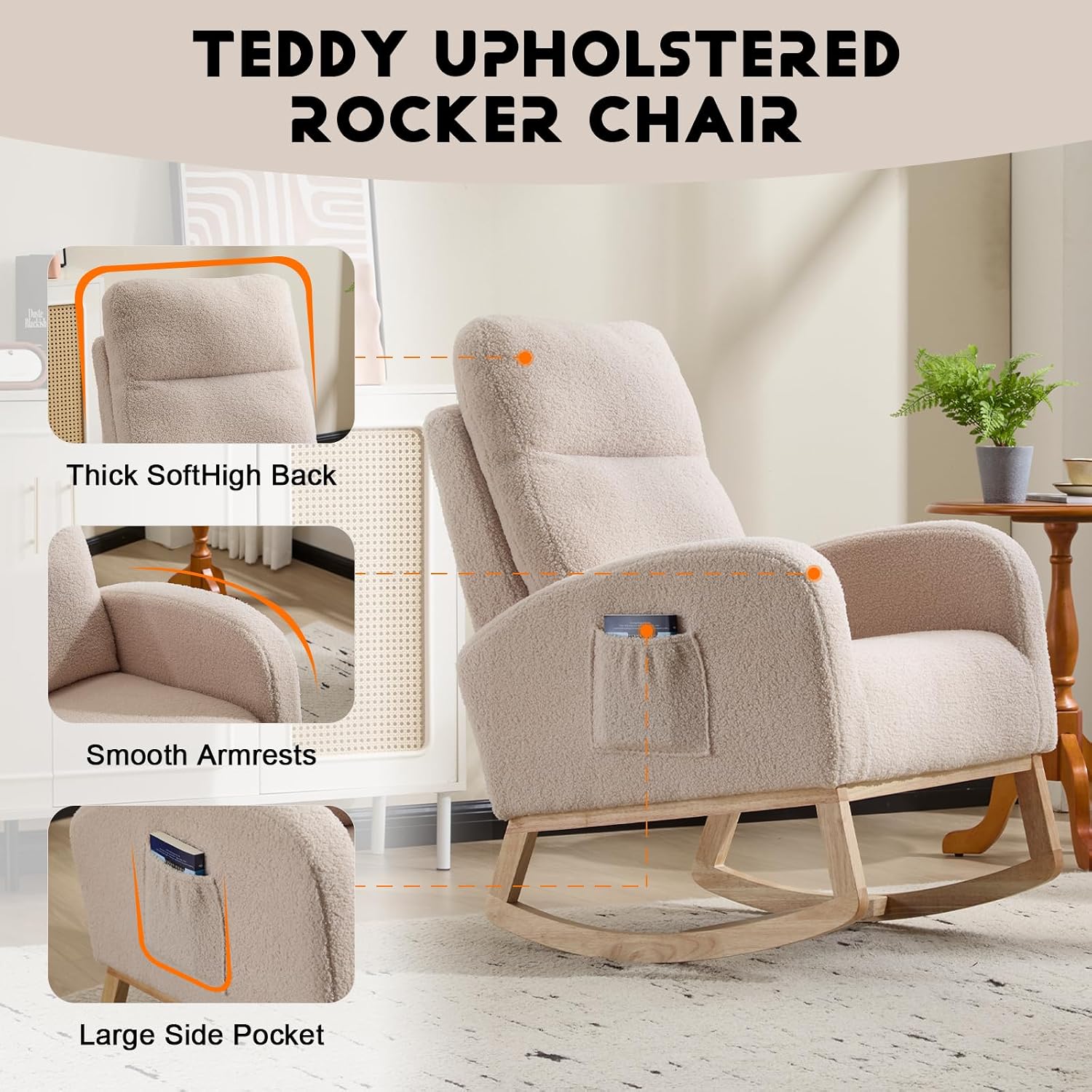 Modern Accent Rocking Chair with Solid Wood Legs, 19 Inch Wide Upholstered Nursery Glider Rocker, Comfy Armchair with Side Pocket, Living Room Lounge Arm Chair with High Backrest (Beige No Footrest)