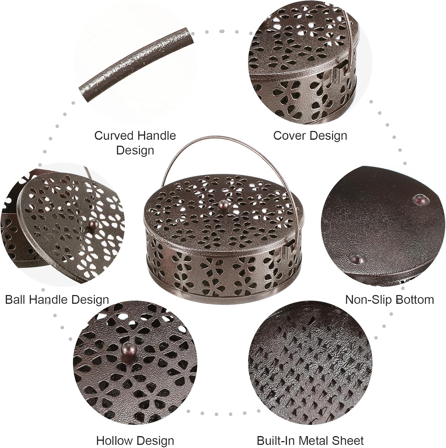 4Pcs Portable Mosquito Coil Holder, Coil Incense Holder with Handle Round Heat-Resistant Mosquito Incense Burner for Indoor Outdoor Hanging Camping Patio (Bronze)