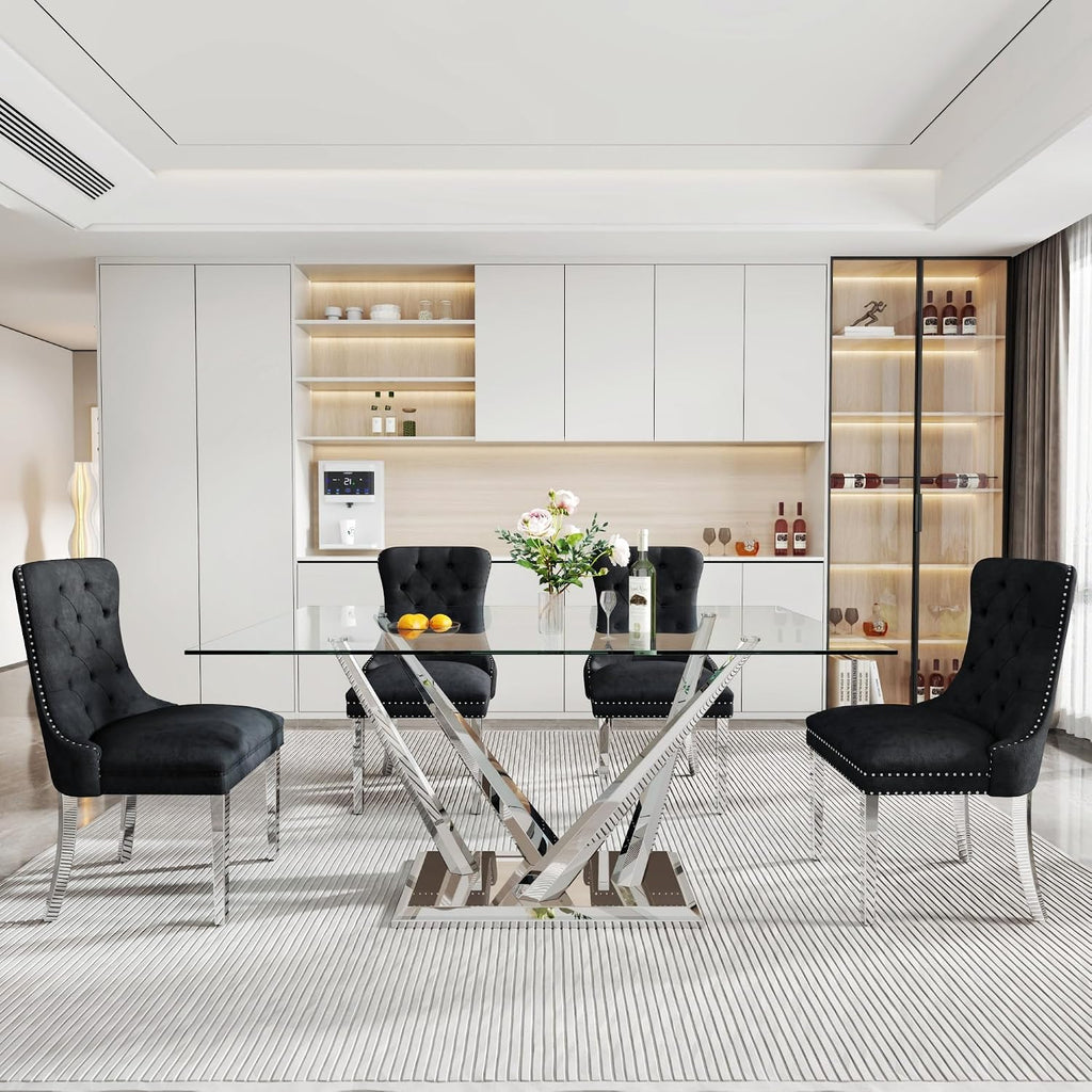Rectangle Glass Dining Table for 4-6, 62" with Tempered Glass Table Top and Crossed Stainless Steel Base, Modern Kitchen Table for Home, Kitchen, Dining Room, Silver