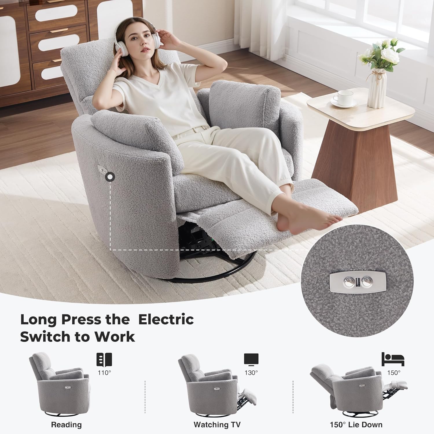 Power Recliner,Nursery Swivel Glider Rocking Chair with USB Port,Upholstered Adult Electric Recliner Rocking Chair with 2 Pillows for Living Room Bedroom(Lightgrey Teddy, Power-Driven)