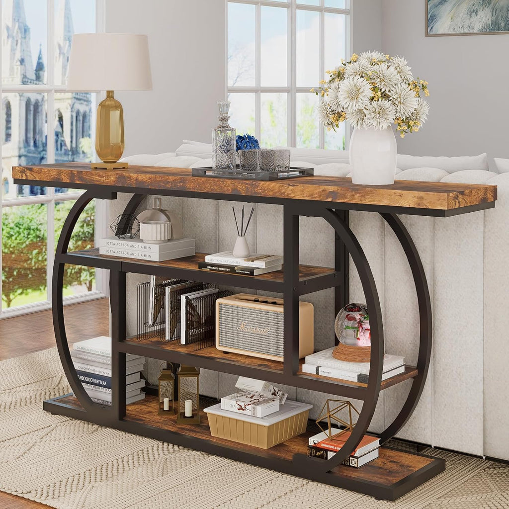 63" Narrow Console Table with Storage, 4-Tier Sofa Table Behind Couch, Industrial Entryway Accent Table with Metal Frame for Living Room, Hallway, Foyer