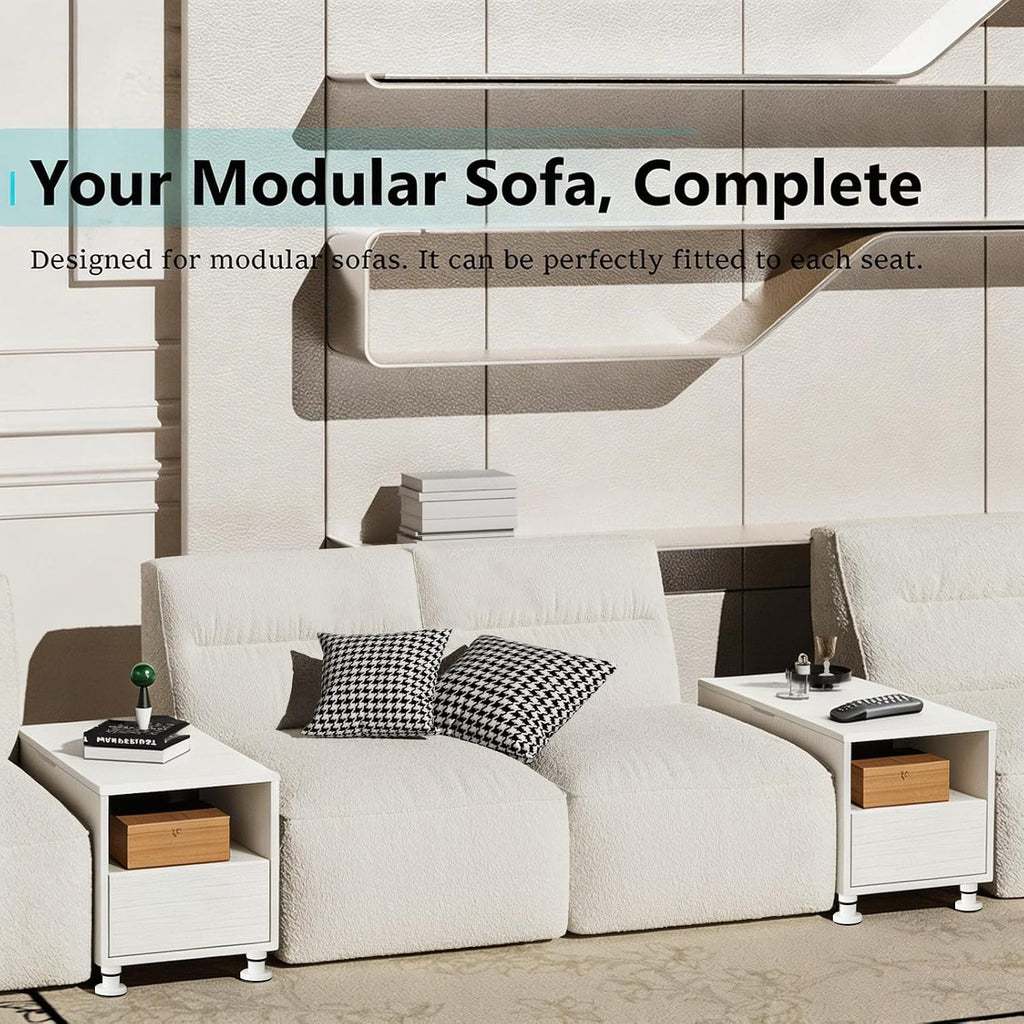 Rresyet Modular Sofa Console with Storage, Adjustable Height Side Table with Drawer & Open Shelf, 15.8" Narrow End Table for Sectional Sofa Couch (1, White, with Drawer)