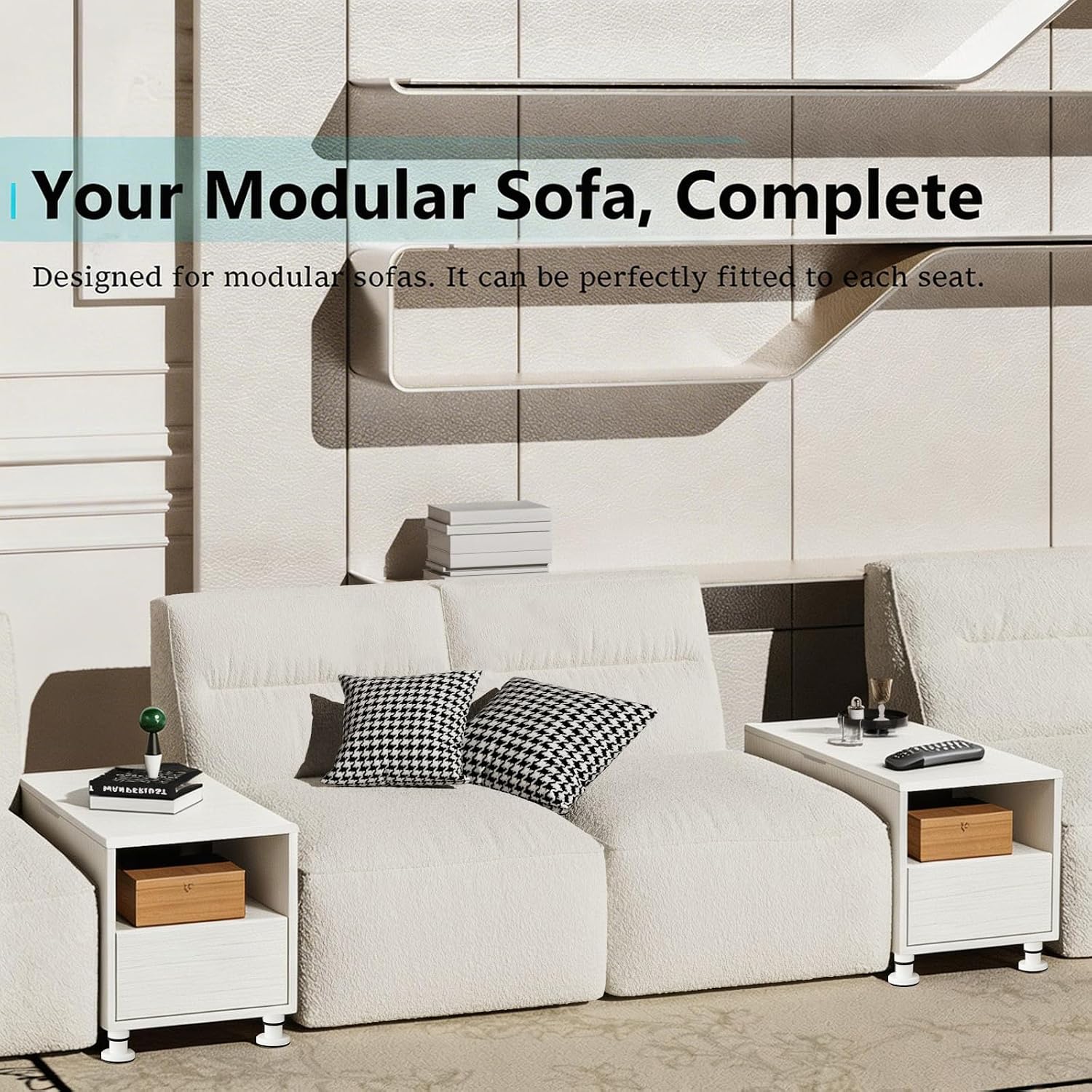 Rresyet Modular Sofa Console with Storage, Adjustable Height Side Table with Drawer & Open Shelf, 15.8" Narrow End Table for Sectional Sofa Couch (1, White, with Drawer)