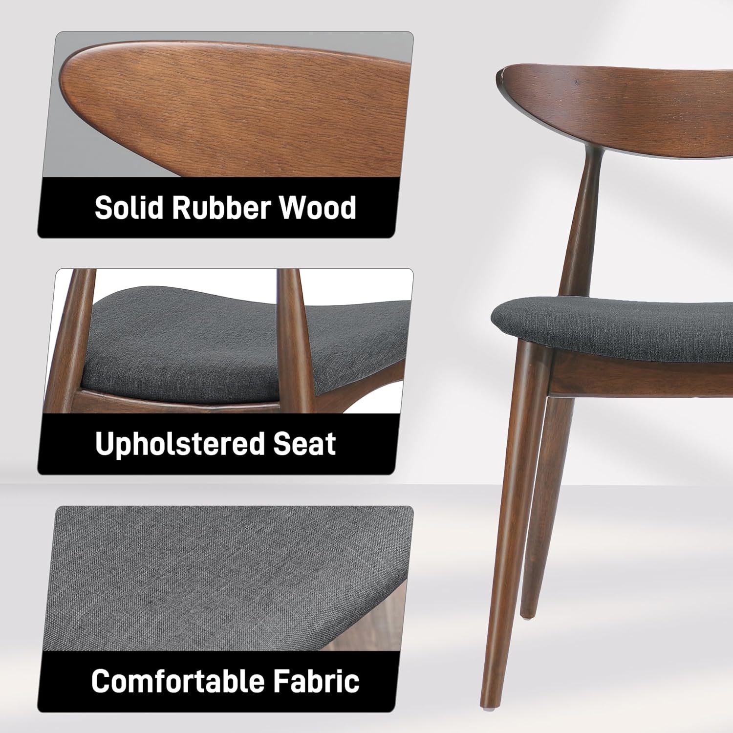 Solid Rubberwood Dining Chairs Set of 4, Mid-Century Modern Chair with Ergonomic Curved Backrest, Walnut Frame and Black Polyurethane Foam Padded Seat