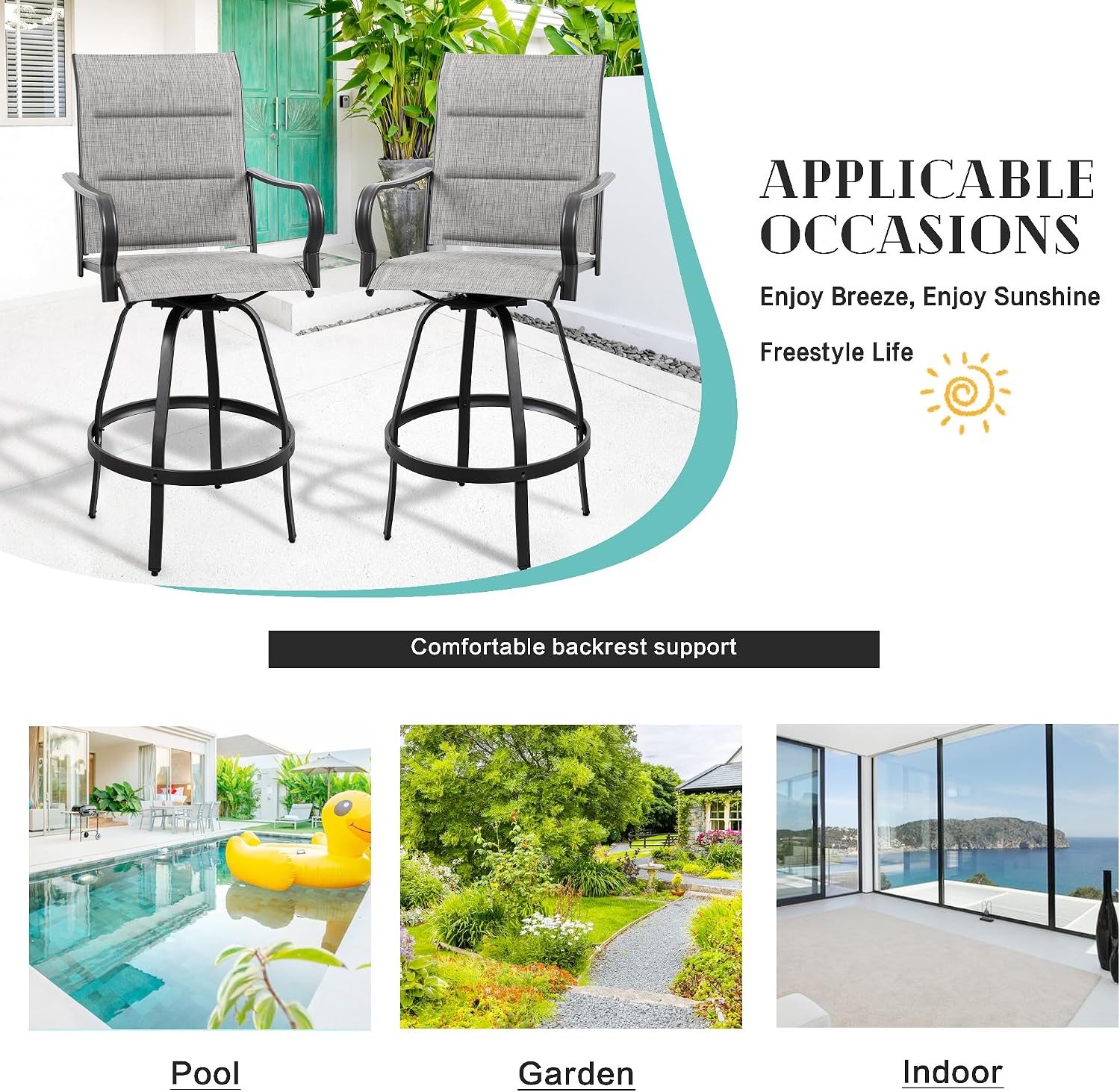 Vongrasig 4 Piece Outdoor Patio Swivel Bar Chairs, All Weather Padded Sling Textile High Top Bar Stools, Bistro Set for Backyard, Lawn Garden, Balcony, Padded Light Gery