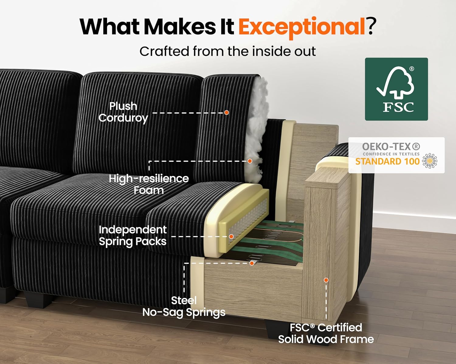 CHIC HOUSE 84" Oversized Corduroy Modular Sectional Sofa, Extra Deep 3-Seater Sofa Fluffy Cloud Couch with Ottoman, Sectional Sleeper Sofa for Living Room, L-Shaped, Plush Corduroy, Black