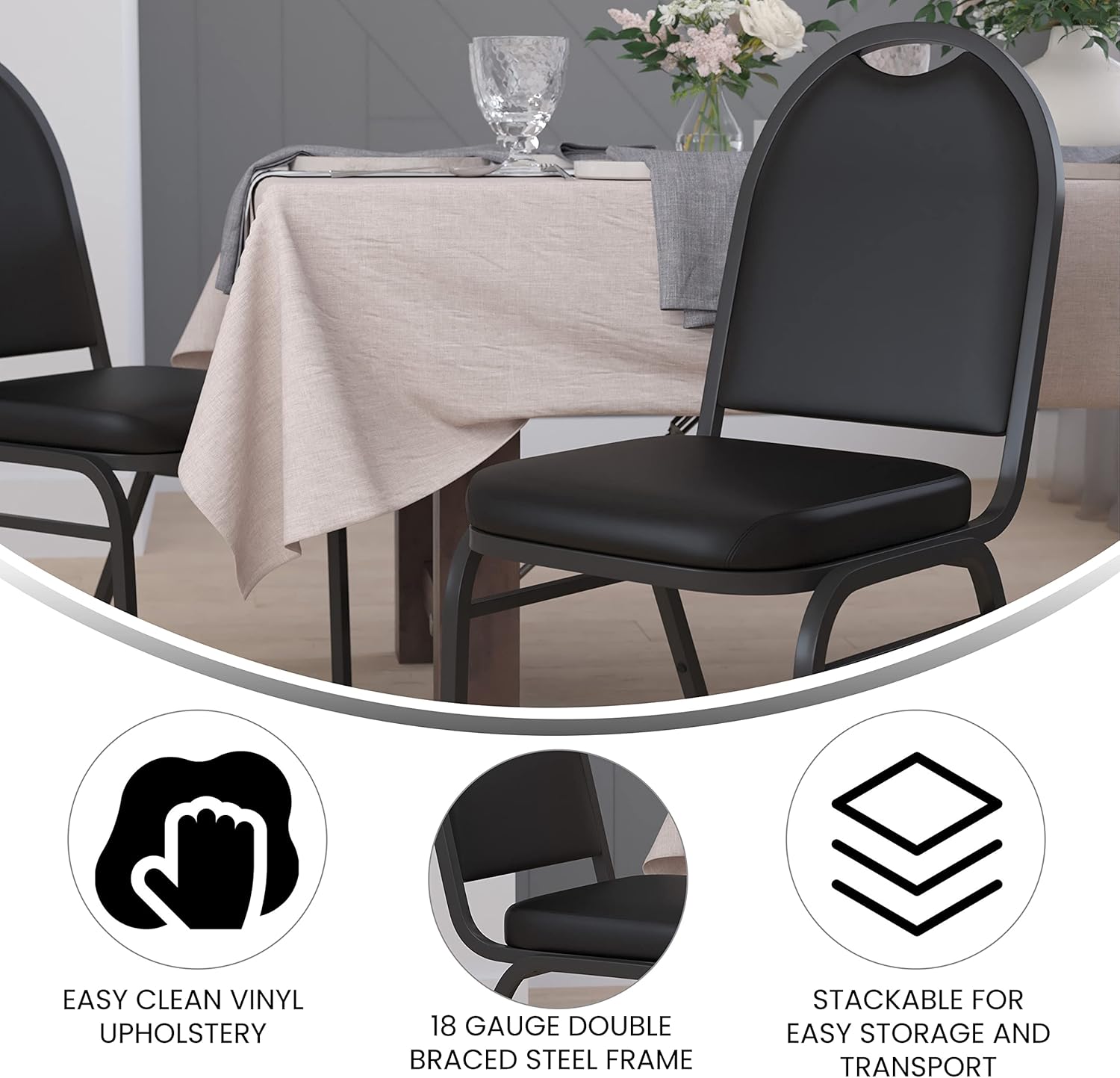 Flash Furniture HERCULES Commercial Grade 500 LB. Capacity Dome Back Stack Chair - Black Vinyl Upholstery - Black Metal Frame - Built-In Handle