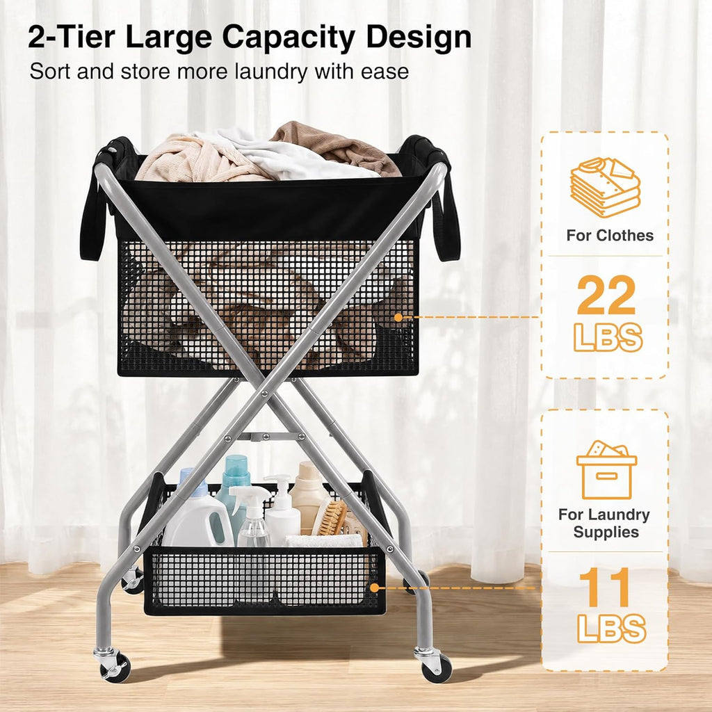 STO STO 2-Tier Foldable Laundry Cart with Wheels, 75L Tall Rolling Laundry Hamper, Collapsible Laundry Basket with Removable Bag, Rust-Resistant Steel Frame for Laundry Room, Bathroom, Dorm, Black