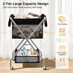 STO STO 2-Tier Foldable Laundry Cart with Wheels, 75L Tall Rolling Laundry Hamper, Collapsible Laundry Basket with Removable Bag, Rust-Resistant Steel Frame for Laundry Room, Bathroom, Dorm, Black