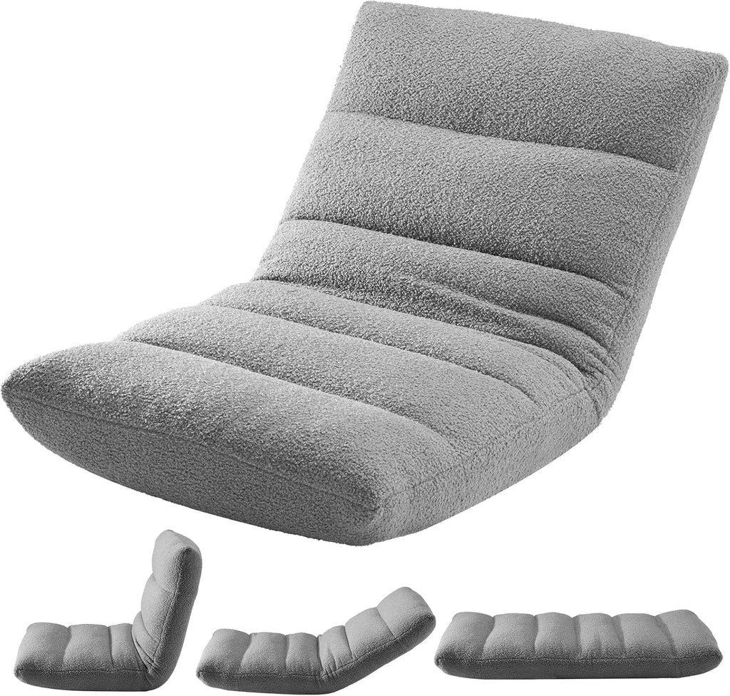 DUMOS Folding Floor Chair with Back Support, Adjustable 14-Position Floor Seating with Comfy Teddy Velvet for Adults & Kids, Reading, Gaming, Meditation, Watching, Grey