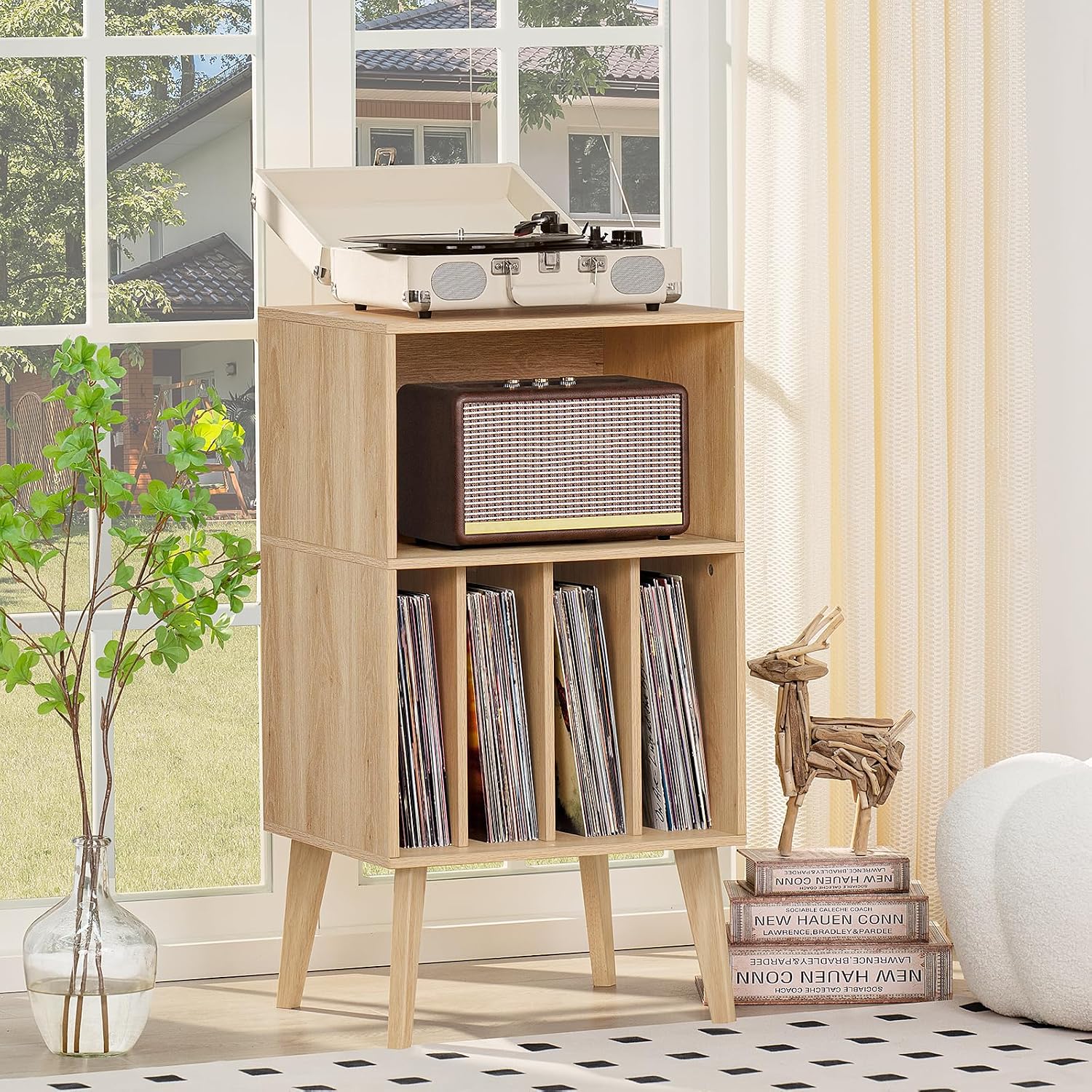 Lerliuo Record Player Stand, Turntable Stand Holds up to 160 Albums | Mid-Century Vinyl Storage Cabinet Table,Solid Wood Legs, Record Player Holder Dispaly Shelf for Living Room,Burlywood