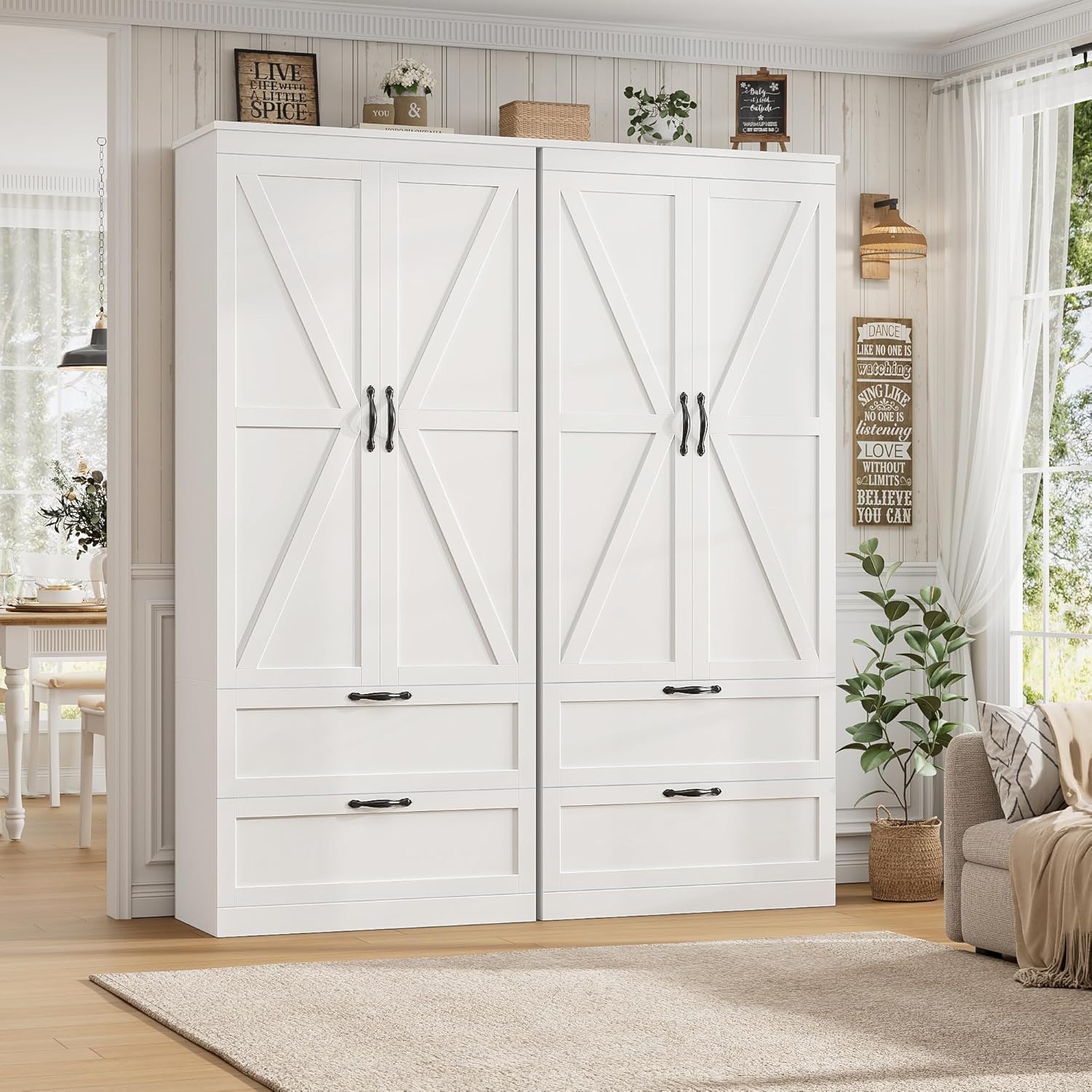 HOSTACK 70" Tall Kitchen Pantry Storage, Barn Doors Pantry Cabinet with Drawers and Adjustable Shelf, Modern Farmhouse Storage Cabinet for Kitchen, Dining Room, Living Room, Bathroom, White