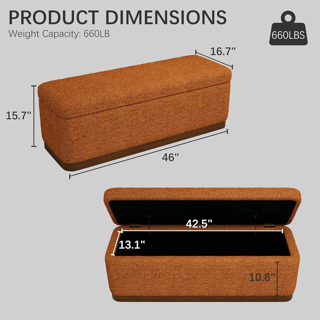 46'' Storage Bench for Bedroom, Modern Storage Ottoman Bench with Walnut Grain Base, Upholstered Bench with 27 Gallons Storage Space for Bedroom End of Bed, Entryway, Living Room, Orange