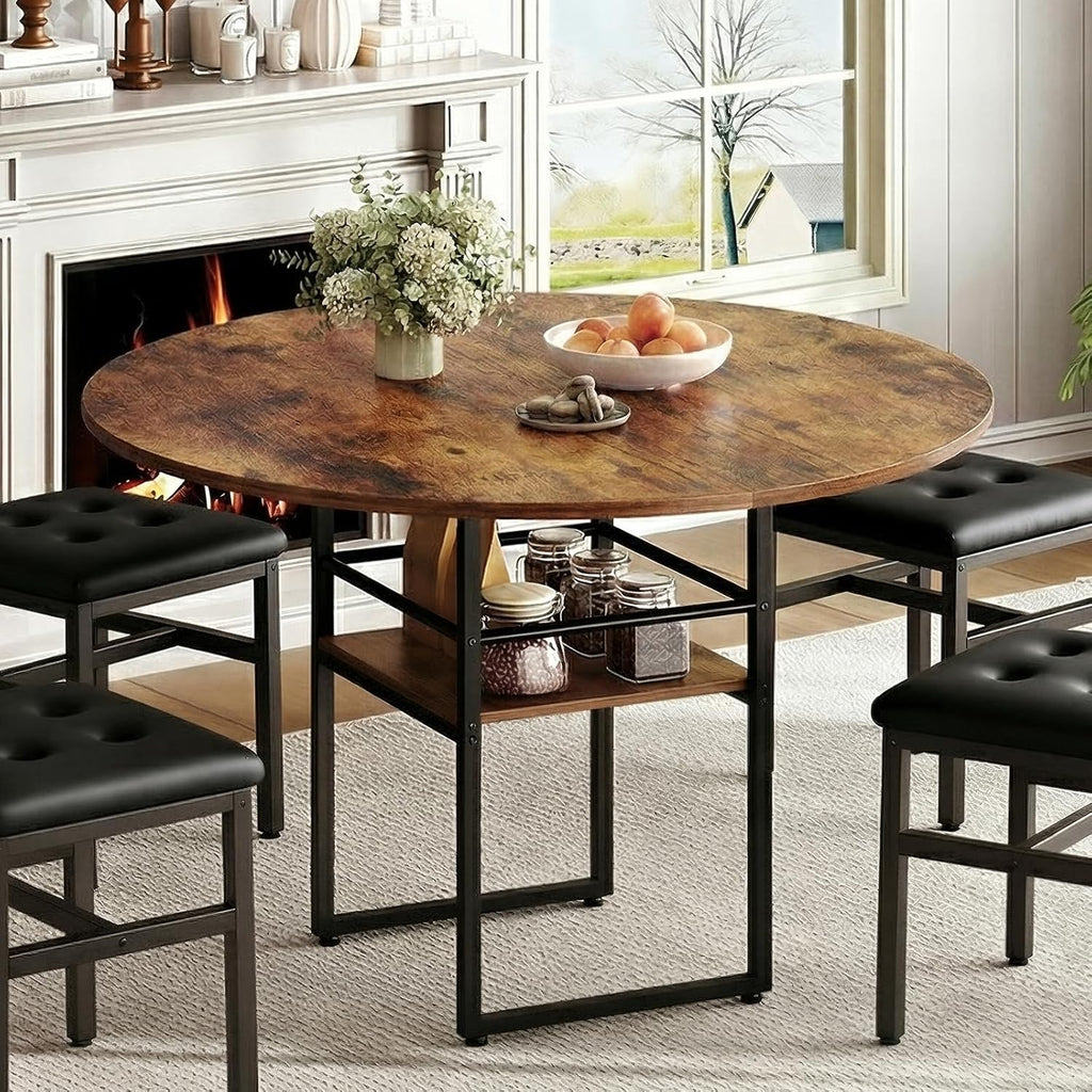 RALGEND 47.2" Round Dining Table for 4，Farmhouse Wooden Kitchen Table with Storage, Space Saving Circle Dinner Table with Metal Legs, for Dining Room, Living Room, Kitchen, Rustic Brown and Black