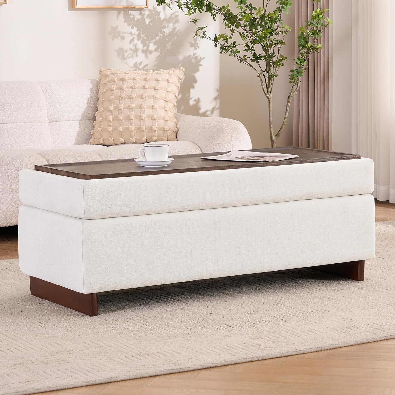 46 Inch Storage Ottoman Coffee Table, Large Upholstered Ottoman Bench with Storage, Wooden Tray and Legs for Living Room,Bedroom,End of Bed,Entryway,Beige