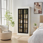 roomfitters 71.2'' Pantry Cabinet with Glass Door, Farmhouse Display Cabinet with Storage for Kitchen and Hallways, Black & Cream White
