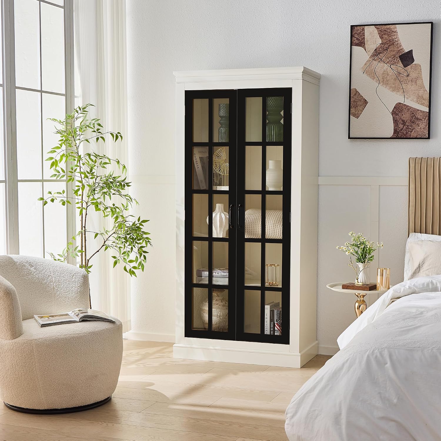 roomfitters 71.2'' Pantry Cabinet with Glass Door, Farmhouse Display Cabinet with Storage for Kitchen and Hallways, Black & Cream White