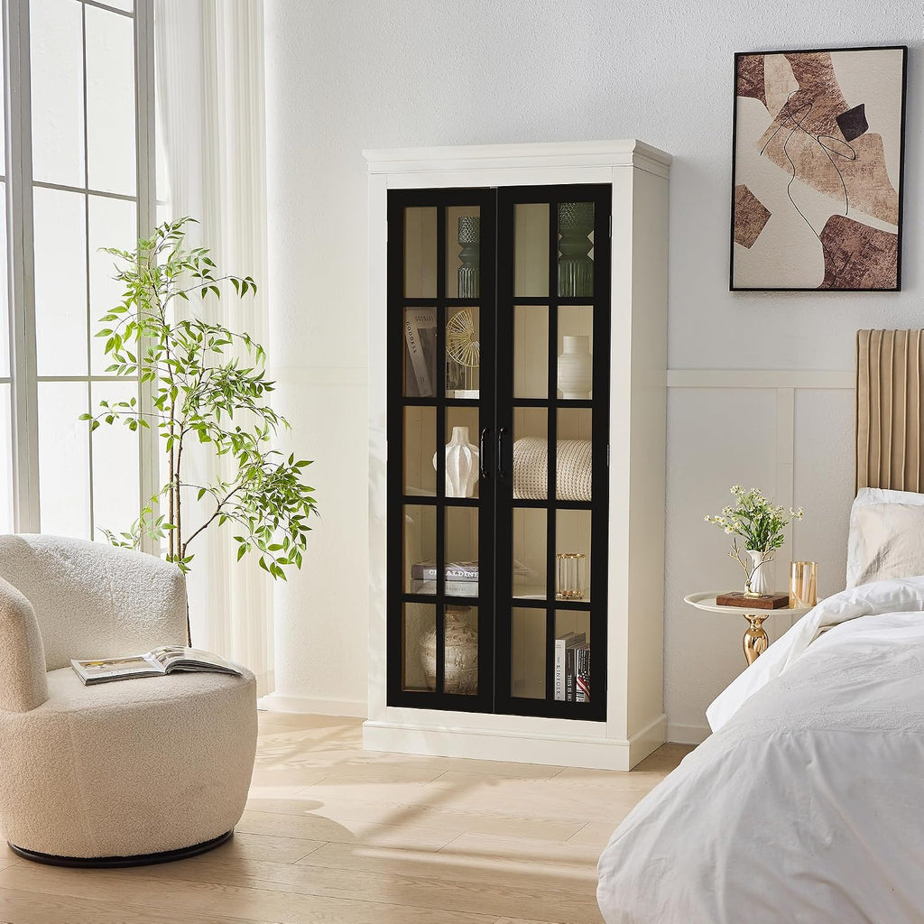 33" D*15.75" W*71.2" H Freestanding Kitchen Pantry with 4 Shelves, Black French Door, Rectangular Kitchen Pantry，for Living Room, Dining Room，White