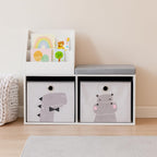 Relaxdays children's bench with storage, HWD: 72 x 79 x 31 cm, 2 foldable boxes, bookshelf, padded seat, white/grey, Fibreboard, Polyester, Foam